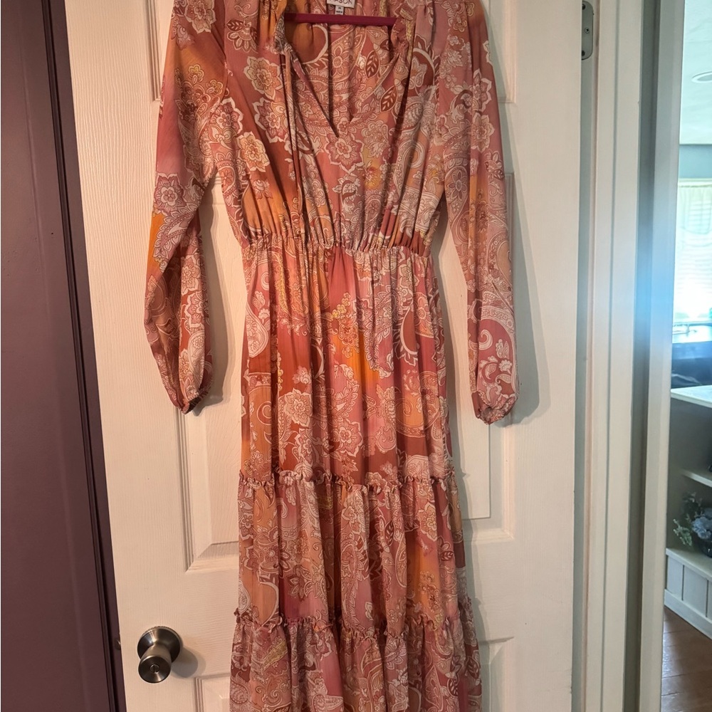 Boho Paisley Tiered Maxi Dress in Dusty Pink